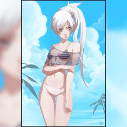 Rule 34 | 1girl, artist name, bare arms, bare shoulders, bikini, blue eyes, blue sky, breasts, cleavage, closed mouth, cloud, collarbone, commentary, day, earrings, english commentary, groin, hand on own arm, jewelry, long hair, navel, nikusenpai, outdoors, palm tree, ponytail, rwby, scar, scar across eye, scar on face, see-through, sky, small breasts, solo, standing, stomach, striped bikini, striped bikini top, striped clothes, swept bangs, swimsuit, thigh gap, thighs, tree, weiss schnee, white bikini, white hair, zoom layer