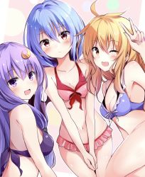 Rule 34 | 3girls, :d, ;d, ahoge, bad id, bad twitter id, bare arms, bare shoulders, bikini, bikini day, blonde hair, blue hair, blush, breasts, circle, collarbone, commentary request, cowboy shot, crescent, crescent hair ornament, front-tie bikini top, front-tie top, hair between eyes, hair ornament, hand up, highres, hyurasan, kirisame marisa, long hair, medium breasts, multiple girls, navel, no headwear, one eye closed, open mouth, patchouli knowledge, pink background, purple bikini, purple eyes, purple hair, red bikini, red eyes, remilia scarlet, short hair, small breasts, smile, stomach, swimsuit, thighs, touhou, v arms, w, yellow eyes