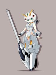 Rule 34 | 1girl, absurdres, advance of zeta, breasts, brown background, green nails, grey leotard, gun, gundam, head tilt, highres, holding, holding gun, holding weapon, humanization, ishiyumi, leotard, mecha musume, nail polish, open hand, red nails, shadow, small breasts, solo, tr-6 woundwort, weapon, white hair