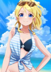 Rule 34 | 1girl, ayase eli, beach, bikini, black bikini, blonde hair, blue eyes, blush, breasts, closed mouth, cloud, cloudy sky, collarbone, commentary request, day, eyewear on head, hand on own hip, highres, looking at viewer, love live!, love live! school idol project, ocean, outdoors, shirt, signature, sky, sky-blue1104, smile, solo, sunglasses, swimsuit