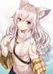 Rule 34 | 1girl, absurdres, animal ear fluff, animal ears, aran sweater, between breasts, breasts, cable knit, closed mouth, clothing cutout, earrings, extra ears, fox ears, gradient background, hand up, highres, indie virtual youtuber, jewelry, long hair, looking at viewer, medium breasts, necklace, original, plaid, purple eyes, ring, scarf, shoulder cutout, sidelocks, silver hair, smile, solo, strap, sweater, takehana note, turtleneck, turtleneck sweater, upper body, virtual youtuber, white background, white sweater