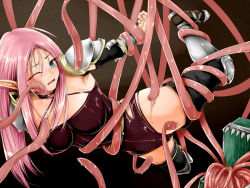 Rule 34 | 1girl, 73gou koudou, bdsm, blue eyes, bondage, bound, breasts, elf, large breasts, lilipalace, mimic, open mouth, pink hair, pointy ears, seria (lilipalace), tentacles, thighhighs