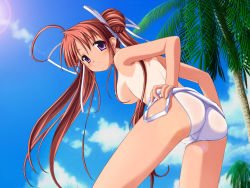 Rule 34 | 1girl, ahoge, ass, beach, blush, breasts, brown hair, cameltoe, cloud, day, double bun, from behind, hair ribbon, iwasaki kouji, large breasts, leaning forward, lens flare, long hair, looking back, majipuri, one-piece swimsuit, one-piece tan, outdoors, palm tree, pink hair, purple eyes, red hair, ribbon, school swimsuit, sky, solo, swimsuit, tan, tanline, topless, tree, twintails, undressing, white school swimsuit, white one-piece swimsuit, yuuri
