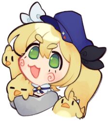 Rule 34 | 1girl, :3, :d, blonde hair, blue hat, chibi, dokibird (vtuber), dragoon (dokibird), green eyes, grey jacket, hat, indie virtual youtuber, jacket, long sleeves, open mouth, sherbovania, simple background, smile, solo, thick eyebrows, transparent background, twintails, upper body, virtual youtuber