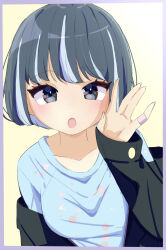 Rule 34 | 1girl, :o, absurdres, bandaid, bandaid on hand, black eyes, black hair, black jacket, blue shirt, bob cut, border, breasts, collarbone, commentary request, fingernails, gradient background, hand up, highres, jacket, jyoji00, light blush, long sleeves, looking at viewer, medium breasts, multicolored hair, open mouth, original, purple border, shirt, short hair, sleeves past wrists, solo, stained clothes, streaked hair, two-tone hair, upper body, white hair, yellow background