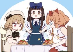 3girls :d absurdres adapted_costume apron bare_shoulders blue_bow blunt_bangs blush_stickers bow brown_eyes brown_hair clothing_cutout eating food hair_bow hands_on_own_hips highres kame_(kamepan44231) long_hair looking_at_viewer luna_child multiple_girls open_mouth pasta shoulder_cutout sitting smile spaghetti sparkle standing star_sapphire sunny_milk touhou v-shaped_eyebrows