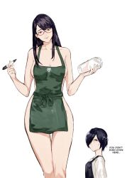 Rule 34 | 2girls, angry, apron, black apron, black hair, breasts, collarbone, cup, disposable cup, english text, glasses, green apron, highres, holding, holding cup, holding pen, kamishiro rize, kirishima touka, large breasts, long hair, looking at another, looking at viewer, multiple girls, naked apron, pen, red eyes, shirt, short hair, simple background, smile, standing, tokyo ghoul, white background, white shirt, yourfreakyneighbourh