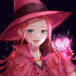 Rule 34 | 1girl, black background, cape, chocolat meilleure, commentary request, gamin (rkald1110), gloves, green eyes, hat, heart, highres, holding, holding heart, long hair, looking at viewer, open mouth, orange hair, pink cape, pink gloves, pink hat, sidelocks, simple background, solo, sparkle, sugar sugar rune, upper body