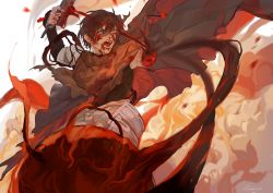Rule 34 | 1boy, amputee, armor, bags under eyes, black shirt, bleeding, blood, blood on clothes, blood on face, body horror, brown hair, cape, dust cloud, fangs, fumetsu no anata e, grey cape, hand up, highres, holding, holding knife, huizhuan song shi, japanese armor, kahaku (fumetsu no anata e), knife, kusazuri, long sleeves, looking away, looking to the side, male focus, monster, nokkers (fumetsu no anata e), nosebleed, one eye closed, open mouth, self-harm, self harm, shirt, short hair, shoulder armor, single sleeve, smoke, sode, tears, tentacles, white background