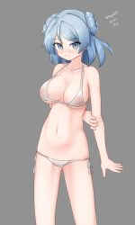 Rule 34 | 1girl, absurdres, alternate costume, arm behind back, bikini, blue eyes, blue hair, breasts, cleavage, closed mouth, double bun, grabbing own arm, grey background, hair bun, highres, kantai collection, large breasts, looking at viewer, maru (marg0613), nipples, one-hour drawing challenge, see-through, short hair, side-tie bikini bottom, simple background, solo, swimsuit, twitter username, urakaze (kancolle), white bikini