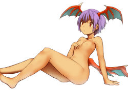 Rule 34 | 1girl, breasts, capcom, demon wings, female focus, head wings, light purple hair, lilith aensland, nude, red eyes, short hair, simple background, sitting, small breasts, solo, tenteco (covamin), vampire (game), white background, wings