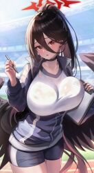 Rule 34 | 1girl, absurdres, black hair, black wings, blue archive, blue jacket, blue shorts, breasts, choker, collarbone, gwinggwing, gym shirt, hair between eyes, halo, hasumi (blue archive), hasumi (track) (blue archive), highres, holding, holding notepad, holding pen, huge breasts, jacket, long hair, looking at viewer, notepad, outdoors, parted lips, pen, ponytail, red eyes, shirt, shorts, solo, stadium, very long hair, white shirt, wings
