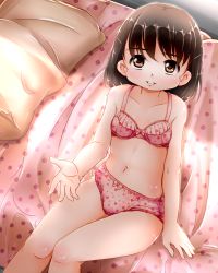 Rule 34 | 1girl, bed, bow, bow bra, bow panties, bra, brown eyes, brown hair, collarbone, commentary request, highres, hoono yurumu, lace, lace-trimmed bra, lace-trimmed panties, lace trim, long hair, looking at viewer, navel, original, panties, parted lips, pink bra, pink panties, polka dot, print bra, print panties, sitting, smile, training bra, underwear, underwear only