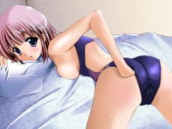 Rule 34 | 1girl, adjusting clothes, adjusting swimsuit, ass, bed, blue eyes, breast rest, breasts, competition swimsuit, looking back, lying, medium breasts, on stomach, one-piece swimsuit, pink hair, short hair, solo, swimsuit