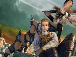 Rule 34 | 00s, 1boy, 1girl, animal ears, armor, balflear, bracelet, breasts, rabbit ears, city, cleavage, cloud, dark skin, earrings, final fantasy, final fantasy xii, fran (ff12), gun, highres, ivalice alliance, jewelry, leaning, leather, leather pants, looking at viewer, official art, official wallpaper, pants, ring, sitting, sunset, viera, wallpaper, weapon, wind