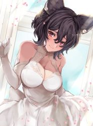 Rule 34 | 1girl, animal ears, bare shoulders, black hair, blush, breasts, cleavage, cleavage cutout, closed mouth, clothing cutout, collarbone, commentary request, cowboy shot, dress, earrings, elbow gloves, erune, gloves, granblue fantasy, hair between eyes, head tilt, highres, ilsa (granblue fantasy), jewelry, large breasts, looking at viewer, petals, purple eyes, sleeveless, sleeveless dress, smile, solo, soraneko hino, wedding dress, white gloves, window