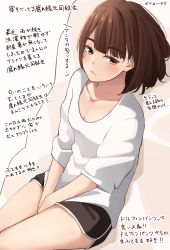 Rule 34 | 1girl, between legs, black shorts, bob cut, breasts, brown eyes, brown hair, cleavage, closed mouth, collarbone, commentary request, dolphin shorts, hand between legs, highres, kapatarou, looking at viewer, original, shirt, short shorts, shorts, small breasts, smile, solo, thick eyebrows, translation request, white background, white shirt