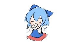 Rule 34 | 1girl, blue bow, blue hair, bow, cirno, commentary, cup, detached wings, drinking, english commentary, ferdy&#039;s lab, full body, hair bow, highres, holding, holding cup, long sleeves, short hair, solo, touhou, wings