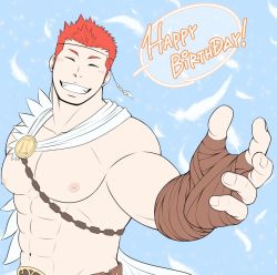 Rule 34 | 1boy, ancient greek clothes, bara, bare pectorals, beckoning, blush, feathers, greco-roman clothes, happy birthday, highres, large pectorals, male focus, muscular, muscular male, nipples, pectorals, pollux (housamo), porkjinta, red hair, short hair, smile, solo, stomach, tokyo houkago summoners, upper body
