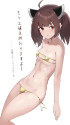 Rule 34 | 1girl, absurdres, ahoge, bikini, breasts, brown hair, commentary request, expressionless, eyepatch bikini, gold bikini, headgear, highres, looking at viewer, micro bikini, navel, penguin (dx19291005), red eyes, simple background, small breasts, solo, swimsuit, touhoku kiritan, translation request, twintails, untied bikini, voiceroid, white background