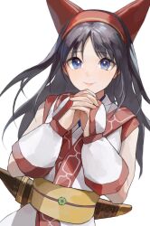Rule 34 | 1girl, ainu clothes, black hair, blue eyes, breasts, fingerless gloves, gloves, highres, interlocked fingers, lipstick, long hair, looking at viewer, makeup, nakoruru, oni gini, pink lips, samurai spirits, small breasts, smile, snk, solo, weapon