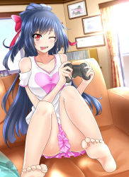 Rule 34 | 1girl, :p, absurdres, barefoot, blue hair, blush, bow, controller, couch, feet, hair bow, highres, long hair, looking at viewer, one eye closed, panties, pantyshot, red eyes, sitting, soles, toes, tongue, tongue out, underwear, wink