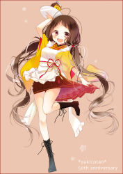 Rule 34 | 1girl, :d, anniversary, apron, blush, boots, border, brown background, brown hair, carton, character name, clothes pull, cross-laced footwear, english text, full body, highres, japanese clothes, kimono, lace-up boots, long hair, naoto (tulip), open mouth, original, purple eyes, red border, simple background, skirt, skirt pull, smile, solo, standing, standing on one leg, star (symbol), tray, twintails, very long hair, yukico-tan, yukijirushi