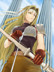 Rule 34 | 1girl, arrow (projectile), belt, blonde hair, blue sky, bow (weapon), brigid (fire emblem), brown pants, day, fire emblem, fire emblem: genealogy of the holy war, from below, gloves, headband, long hair, nintendo, nonji (sayglo halo), outdoors, pants, pillow, red gloves, shoulder pads, sky, solo, very long hair, weapon, yellow eyes