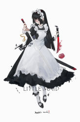 Rule 34 | 1girl, absurdres, apron, black dress, black eyes, black hair, commentary, dagger, dress, english text, frilled apron, frilled hairband, frills, full body, glasses, hairband, highres, holding, holding dagger, holding knife, holding sword, holding weapon, knife, long hair, maid, maid apron, original, red-framed eyewear, round eyewear, scabbard, sheath, simple background, solo, sword, torio02446440, weapon