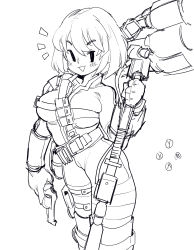 Rule 34 | absurdres, bandolier, belt, breast press, breasts, bullet, buttons, cleft of venus, fallout (series), gun, hammer, hand on weapon, handgun, harness, highres, holster, large breasts, lineart, looking at viewer, pouch, revolver, scratches, short hair, shoulder pads, smile, solid oval eyes, triangle mouth, unfinished, vault girl, vault meat, vault suit, waa153, weapon, white background