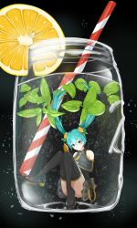 Rule 34 | 1girl, air bubble, aqua eyes, aqua hair, black background, black shirt, blouse, boots, bubble, cocktail, collared shirt, convenient leg, cup, detached sleeves, drinking straw, food, food-themed hair ornament, fruit, hair between eyes, hair ornament, hatsune miku, highres, hoshimiya mashiro, in container, in cup, knees together feet apart, leaf, lemon, lemon hair ornament, lemon slice, long hair, looking at viewer, mini person, minigirl, mint, necktie, no panties, pleated skirt, shirt, skirt, sleeveless, sleeveless shirt, smile, solo, thigh boots, thighhighs, twintails, underwater, vocaloid, water, wing collar, yellow necktie
