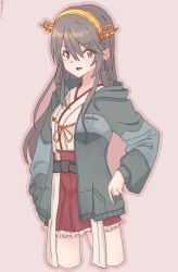 Rule 34 | 1girl, black hair, commentary request, cowboy shot, cropped legs, detached sleeves, frilled skirt, frills, grey background, grey jacket, hair ornament, hairband, hairclip, hands on own hips, haruna (kancolle), headgear, highres, hood, hooded jacket, hoodie, jacket, japanese clothes, kantai collection, kazakura (kazakura js), long hair, looking at viewer, pleated skirt, red skirt, ribbon-trimmed sleeves, ribbon trim, simple background, skirt, solo