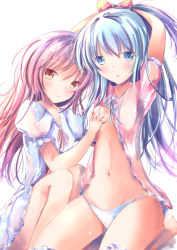 Rule 34 | 2girls, arms up, barefoot, blue eyes, blue hair, blue panties, blue ribbon, blush, bow, grabbing another&#039;s breast, breasts, brown eyes, brown hair, brown ribbon, closed mouth, commentary request, female focus, frills, grabbing, hair bow, highres, long hair, looking at viewer, matching hair/eyes, multiple girls, navel, neck ribbon, nipples, original, panties, parted lips, ponytail, puffy short sleeves, puffy sleeves, ribbon, shihou haru, short sleeves, simple background, small breasts, smile, underwear, very long hair, white background, yellow bow, yuri