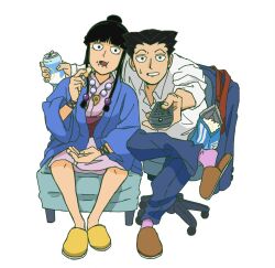 Rule 34 | 1boy, 1girl, ace attorney, black hair, blue jacket, blue pants, blunt bangs, can, chair, collared shirt, commentary, controller, crossed legs, drink can, english commentary, food, full body, holding, holding can, holding remote control, jacket, japanese clothes, jewelry, kimono, long hair, looking at viewer, magatama, magatama necklace, maya fey, mob psycho 100, necklace, office chair, one (style), open mouth, pants, phoenix wright, pink kimono, popcorn, remote control, shirt, short hair, simple background, sitting, soda can, souppunch, swivel chair, white background, white shirt