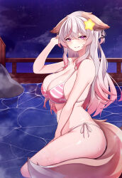 Rule 34 | 1girl, 5danny1206, animal ears, annytf, bare arms, bare shoulders, between legs, bikini, breasts, cleavage, cloud, ears down, feet out of frame, fox ears, fox girl, fox tail, from side, gradient hair, grey hair, grin, hair between eyes, hair ornament, hand between legs, hand in own hair, hand up, indie virtual youtuber, large breasts, light blush, long hair, looking at viewer, looking to the side, multicolored hair, night, night sky, outdoors, pink eyes, pink hair, railing, side-tie bikini bottom, sitting, sky, smile, soaking feet, solo, star (sky), star (symbol), star hair ornament, starry sky, steam, strap gap, string bikini, striped bikini, striped clothes, swimsuit, tail, teeth, virtual youtuber, water, wet