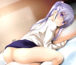 Rule 34 | 10s, 1girl, ass, blush, body pillow, clothes lift, flower, hair flower, hair ornament, kinohara hikaru, long hair, looking at viewer, looking back, lying, new game!, no panties, hugging object, pillow, pillow hug, purple eyes, purple hair, skirt, skirt lift, socks, solo, straddling, suzukaze aoba, twintails, white socks