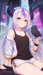 Rule 34 | 1girl, absurdres, alternate costume, artist name, bird, bird on hand, black shirt, black tank top, blush, braid, commentary, crow (la+ darknesss), demon girl, demon horns, grey hair, highres, hololive, horns, jacket, la+ darknesss, long hair, looking at viewer, multicolored hair, off shoulder, open clothes, open jacket, oridays, outdoors, pink nails, pointy ears, purple hair, shirt, short shorts, shorts, side slit, side slit shorts, sidelocks, smile, solo, streaked hair, striped horns, tank top, teeth, thigh strap, thighs, very long hair, virtual youtuber, white jacket, white shorts, yellow eyes