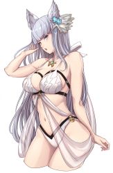 Rule 34 | 1girl, :o, animal ears, arm at side, arm up, bikini, blue eyes, blunt bangs, breasts, chestnut mouth, cleavage, cowboy shot, cropped legs, erune, flower, granblue fantasy, hair flower, hair ornament, tucking hair, jewelry, korwa, korwa (summer) (granblue fantasy), large breasts, long hair, looking at viewer, michihasu, navel, necklace, open mouth, pendant, silver hair, simple background, solo, swimsuit, tsurime, very long hair, white background, white bikini