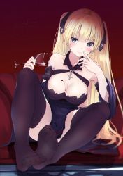 Rule 34 | 1girl, alcohol, azur lane, black thighhighs, blonde hair, blue eyes, blush, breasts, cleavage, cup, drinking glass, feet, hair ribbon, head tilt, highres, large breasts, long hair, looking at viewer, outdoors, ribbon, see-through, see-through legwear, simple background, sitting, soles, suggestive fluid, sussex (azur lane), sussex (wine and red roses) (azue lane), sussex (wine and red roses) (azur lane), thighhighs, toes, twintails, wine, wine glass