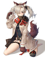 Rule 34 | 1girl, animal ears, animal hands, bad id, bad pixiv id, belt, blush, breasts, coat, commentary request, cross, fake animal ears, fake tail, fox ears, fox tail, general-purpose machine gun, girls&#039; frontline, grey hair, gun, hair ornament, hair over one eye, hk21, hk21 (girls&#039; frontline), jewelry, kneeling, long hair, long sleeves, looking at viewer, machine gun, medium breasts, open clothes, red eyes, scarf, simple background, solo, tail, thigh strap, twintails, weapon, xi zhujia de rbq
