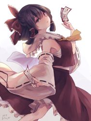 Rule 34 | 1girl, arm up, armpits, ascot, bare shoulders, between fingers, black hair, bow, breasts, brown eyes, cowboy shot, dated, detached sleeves, expressionless, frilled skirt, frills, gradient background, hair between eyes, hair bow, hair tubes, hakurei reimu, head tilt, holding, leaning back, looking at viewer, looking back, m (neteitai10), medium breasts, medium hair, ofuda, outstretched arm, red skirt, red vest, ribbon-trimmed sleeves, ribbon trim, sarashi, shaft look, simple background, skirt, solo, touhou, vest, white background, yellow ascot
