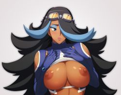 Rule 34 | 1girl, alternate color, black hair, blue hair, blush, breast suppress, breasts, breasts out, clothing cutout, creatures (company), dark-skinned female, dark skin, eyeshadow, game freak, goggles, goggles on head, grey background, hair over one eye, highres, large breasts, lips, long hair, looking away, makeup, multicolored hair, nintendo, nipples, pokemon, pokemon oras, shelly (pokemon), shelly (pokemon oras), shiny skin, shoulder cutout, simple background, solo, sweatdrop, team aqua, two-tone hair, unknown showhey, upper body