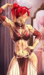 Rule 34 | 1girl, abs, ahoge, blonde hair, breasts, cleavage, curtains, dancer, highres, looking back, medium breasts, mirror, multicolored hair, muscular, muscular female, original, red hair, robusta mania, solo, sweat, tattoo, toned, yellow eyes