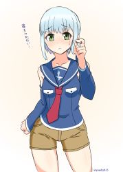 Rule 34 | 10s, 1girl, :&lt;, absurdres, alternate hair length, alternate hairstyle, aoki hagane no arpeggio, artist name, bare shoulders, frown, green eyes, highres, iona (aoki hagane no arpeggio), necktie, short hair, shorts, solo, standing, sweatdrop, translation request, twitter username, yosshy815