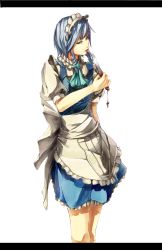 Rule 34 | 1girl, blue eyes, blue hair, braid, female focus, hairband, izayoi sakuya, knife, letterboxed, licking, maid, matching hair/eyes, silver hair, solo, sousou (sousouworks), throwing knife, touhou, twin braids, weapon, white background