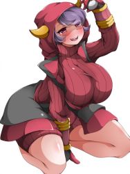 Rule 34 | 10s, 1girl, all fours, blush, breasts, courtney (pokemon), courtney (pokemon oras), creatures (company), fake horns, female focus, game freak, hood, hoodie, horns, huge breasts, jenigata, legs, light purple hair, looking at viewer, nintendo, open mouth, pokemon, pokemon oras, purple eyes, sitting, smile, solo, sweat, team magma, thick thighs, thighs, uniform