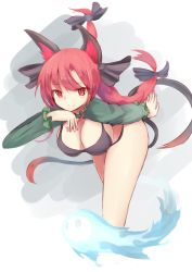 Rule 34 | 1girl, animal ears, bikini, black bikini, black bow, bow, breasts, cat ears, cat tail, cleavage, fang, fang out, hair bow, highres, kaenbyou rin, large breasts, long hair, long sleeves, looking at viewer, multiple tails, red eyes, red hair, satou rin (gobugabuge), smile, solo, swimsuit, tail, touhou, two tails