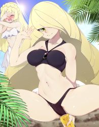 Rule 34 | 2girls, absurdres, alternate breast size, ass, bare shoulders, beach, bikini, black bikini, blonde hair, blue sky, blush, braid, breasts, closed eyes, closed mouth, collarbone, creatures (company), crown braid, day, embarrassed, game freak, gen 1 pokemon, green eyes, hair over one eye, highres, large breasts, lillie (pokemon), long hair, looking at viewer, lusamine (pokemon), mature female, medium breasts, mother and daughter, multiple girls, navel, nintendo, open mouth, palm tree, pikachu, pokemon, pokemon (anime), pokemon (creature), pokemon sm049, pokemon sm (anime), sagging breasts, sarong, sky, slugbox, small breasts, smile, squatting, sunlight, swimsuit, thighs, tree, very long hair, white bikini