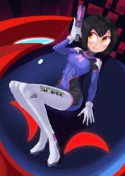 Rule 34 | 1girl, :p, absurdres, black hair, bodysuit, breasts, brown eyes, ccontrast, closed mouth, cosplay, d.va (overwatch) (cosplay), full body, gloves, gun, highres, looking to the side, lying, marvel, medium breasts, on back, peni parker, short hair, solo, sp//dr, spider-man: into the spider-verse, spider-man (series), spider-verse, tongue, tongue out, weapon, white gloves