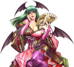 Rule 34 | 1girl, animal print, bare shoulders, bat print, bat wings, breasts, bridal gauntlets, capcom, cleavage, collarbone, crossover, demon girl, dress, floral print, folding fan, green hair, hand fan, hand on own face, head wings, japanese clothes, kimono, large breasts, lips, morrigan aensland, obi, off shoulder, onimusha, onimusha soul, onimusha souls, pantyhose, patterned legwear, print dress, print pantyhose, red eyes, sash, simple background, solo, vampire (game), white background, wings
